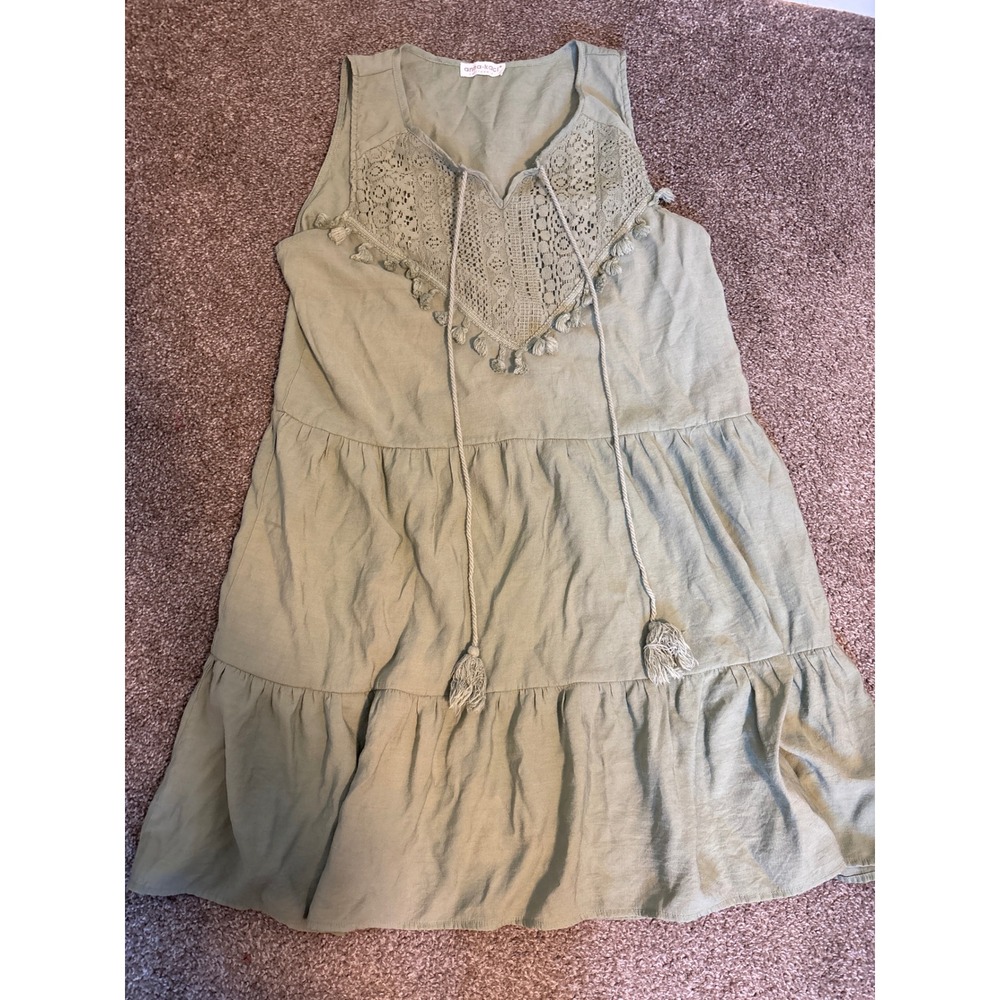 Anna-Kaci Tunic Dress Womens S Sage Green Excellent Boho Crochet Lace Tassels